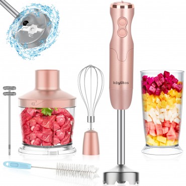 5-in-1 Immersion Hand Blender, Powerful 800W 12-Speed Handheld Stick Blender with Stainless Steel Blades, with Chopper, Beaker, Whisk and Milk Frother for Smoothie, Baby Food, Sauces Red,Puree, Soup（Golden Pink）