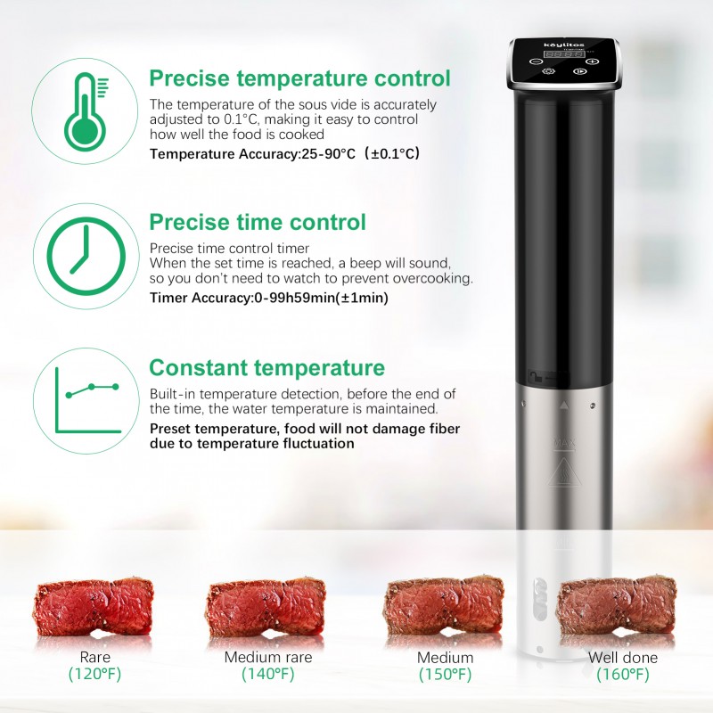 Fahrenheit and Celsius Silent Brushless Motor Intuitive Controls High Contrast Backlit LED Stainless Steel Greater Goods Sous Vide Precision Cooker 1100 Watts 
